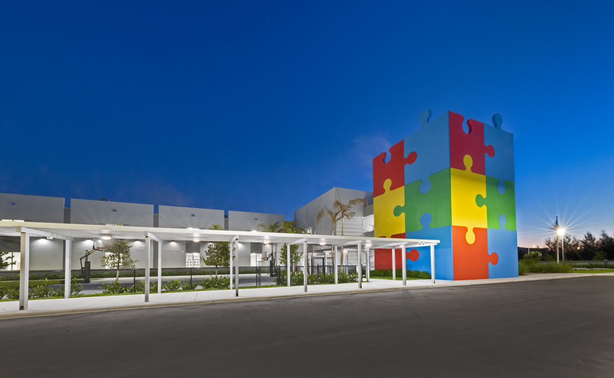 Architectural dusk view of the South Florida Autism Charter School  in Miami FL.
